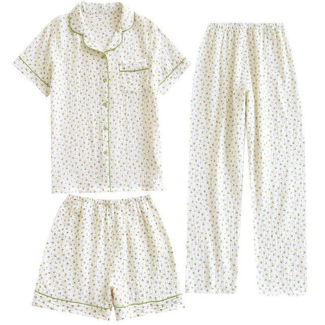 codcm Womens 3pcs Cotton Pajamas Set Short Sleeve Sleepwear Fruit Print Cute Pj Set with Long Pants