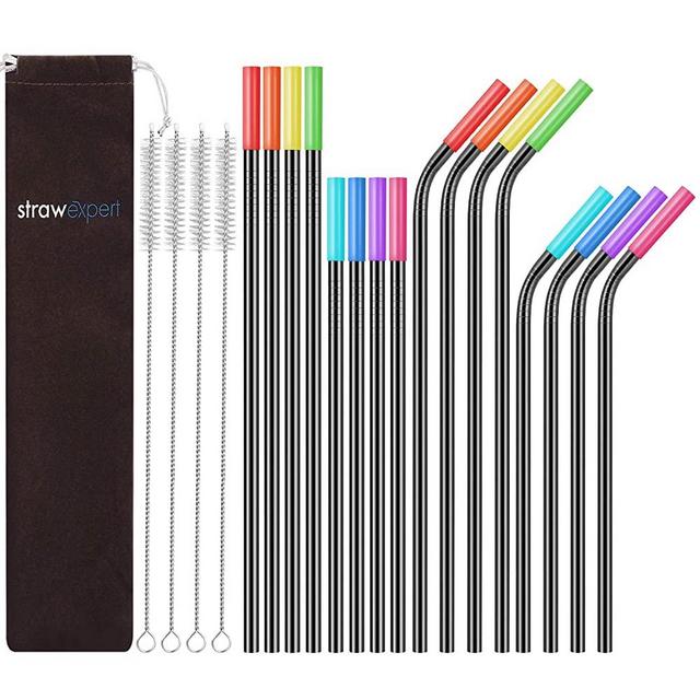 StrawExpert 16 Pack Black Reusable Metal Straws with Silicone Tip & Travel Case & Cleaning Brush,Long Stainless Steel Straws Drinking Straw for 20 and 30 oz Tumbler