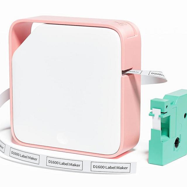 Vixic Label-Maker-Machine-with-Tape D1600 Portable Bluetooth-Label-Printer Wireless Labeler Label Maker Machine for Home & Office Organization, Mini Sticker Maker with Multiple Templates,White-Pink
