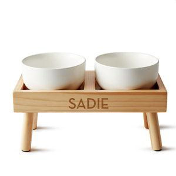 Ceramic Dog Bowls with Wooden Stand Large- Natural/White