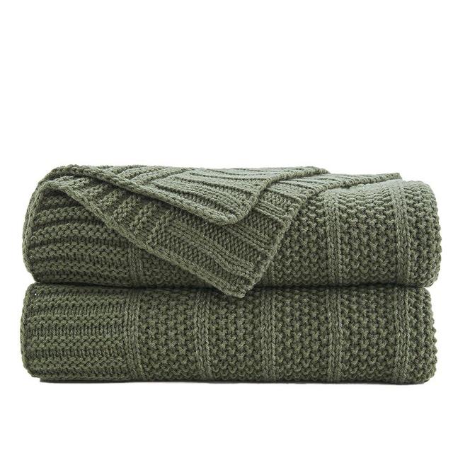 Douceur Olive Green Throw Blanket for Couch, Soft Cozy Lightweight Stripe Pattern Knitted Throw Blanket for Sofa, Living Room, 50"X60"