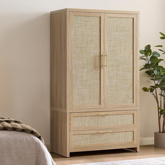 SICOTAS Rattan Armoire Wardrobe Closet Cabinet, 71" Wardrobe Storage Cabinet with 2 Drawers, and Hanging Rod, Boho Large-Capacity Deep Armoire Clothes Organizer for Bedroom, Cloak Room, Light Oak