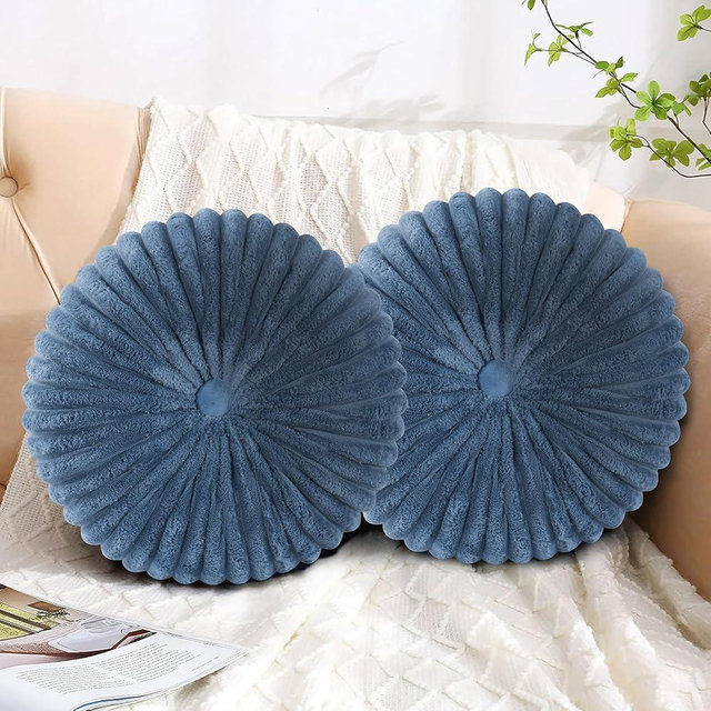 HIG Decorative Round Throw Pillows for Bed Couch -Set of 2 Handcraft Ruched Pumpkin Pillow, Soft and Durable Velvet Floor Pillow for Home Decor, Bed Living Room and Sofa (Dusty Blue,14"x14")(N60033)