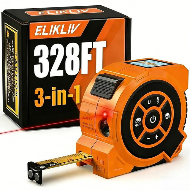 328Ft 3-in-1 Digital Laser Tape Measure Rechargeable Measuring Tool &16Ft Auto-Lock Tape Measure Movable Magnetic Hook with Area/Volume/Pythagorean, Ft/in/M/Ft+in for Construction;Woodworking;Home DIY