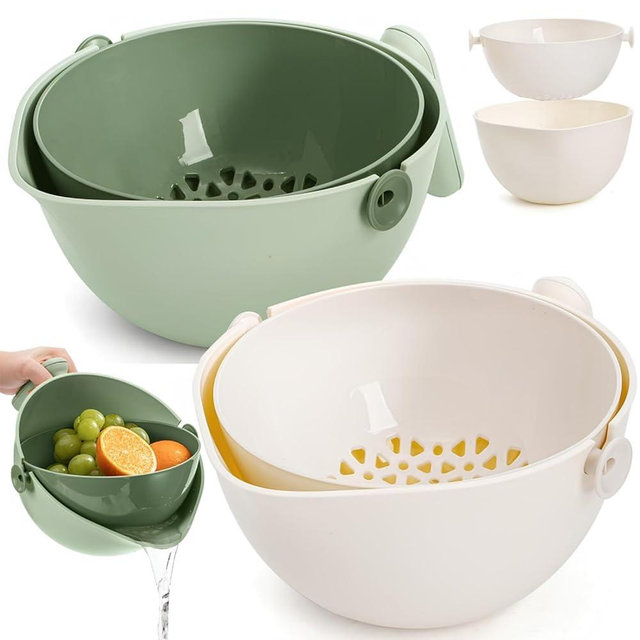 Eorbow 2 Packs Rotating Kitchen Colander, 2-in-1 Plastic Food Strainer with Handle, Detachable Washing Bowl for Pasta Rice Noodle, Fruit Vegetables Strainer, BPA Free, Dishwasher Safe