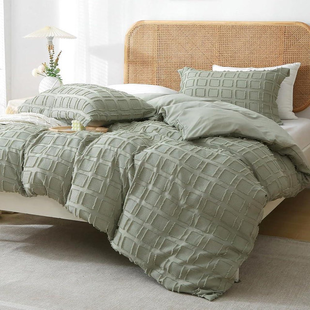 MILDLY Waffle Weave Duvet Cover Set Mist Sage Tufted Duvet Cover 100% Washed Microfiber Soft & Breathable Textured Comforter Cover Set with Zipper Closure Corner Ties