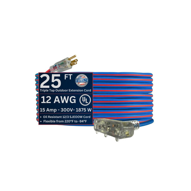 US Wire & Cable 12/3 Gauge x 25Ft Extreme Cold Weather Triple Tap Extension Cord