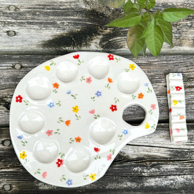 Dainty Flower Artist Palette — Handmade Hand Painted | Palette & Brush Holder Ceramic Pottery