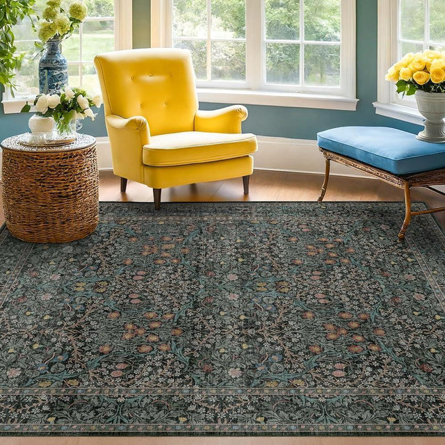 Washable Vintage 5x8 Living Room Rug, Dark Green Floral Area Rug for Bedroom Under Bed, Dining Room Under Small Dining Table, Office - Oriental Low Pile Non Slip & Stain Resistance (5x8 Dark Green)
