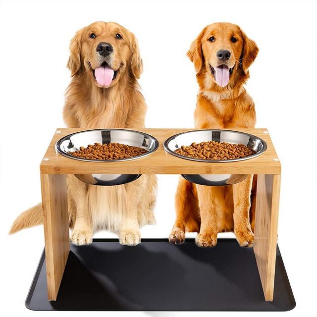 Yangbaga Elevated Dog Bowls, Raised Bamboo Dog Feeding Station with 2 Bowls, Comes with a Nonslip Silicone Pad, Easy to Clean … (Medium-Large)