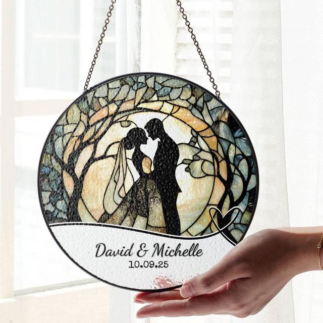 Wedding Gift Stained Glass Sun Catcher Ornament Bride and Groom Ornament Light Catcher Mr & Mrs Couples Gift Bridal Shower Gift for Couple