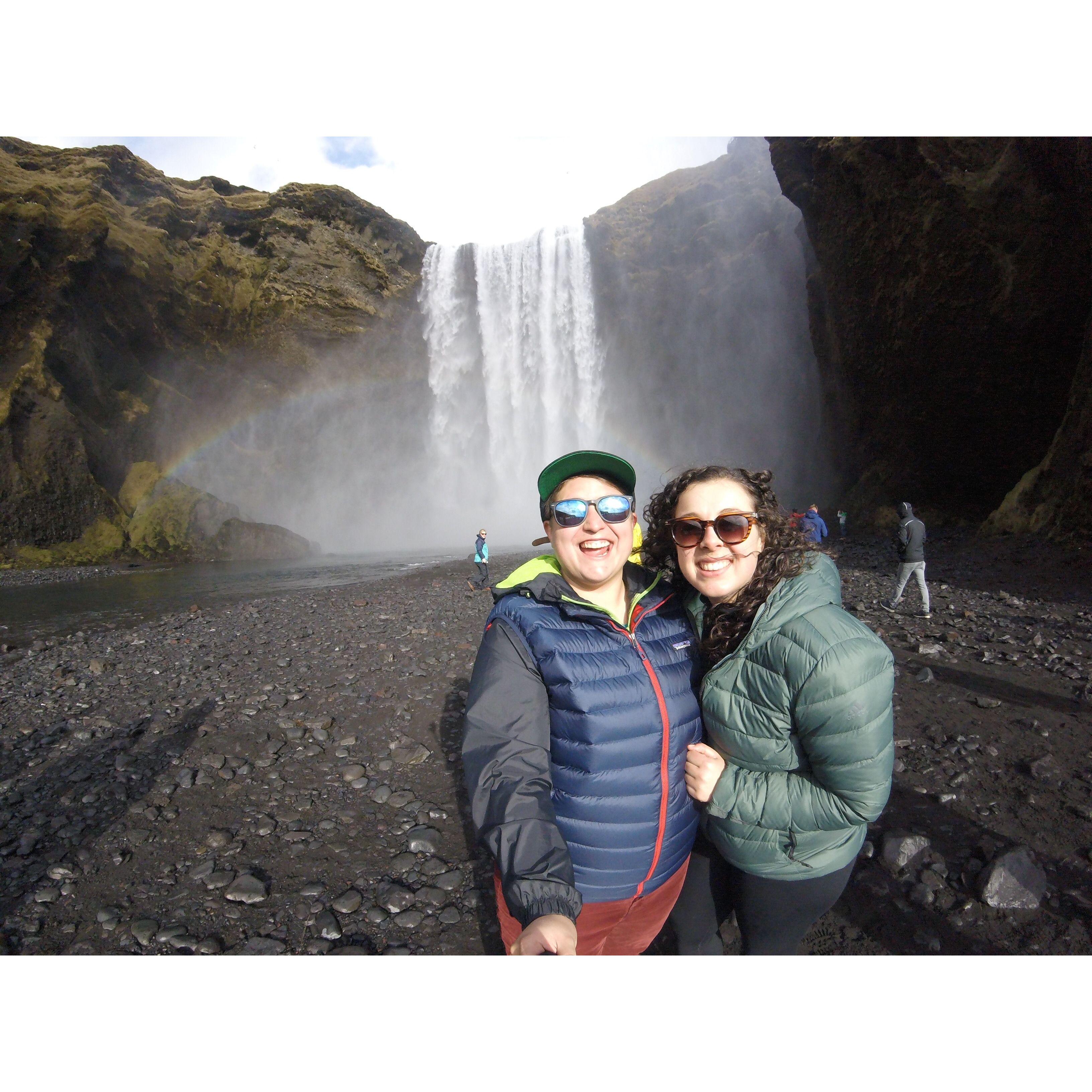 Our first international adventure -- exploring Skogafoss waterfall in Iceland.