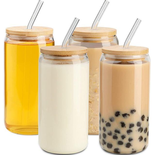 Drinking Glass with Bamboo Lids and Glass Straws 4 Packs, 16 oz Can Shaped Glass Cups , Glass Beer Can Cups with Lids for Iced Coffee, Soda, Whiskey, Bubble Tea, Water, Juicing, Smoothies, Milk