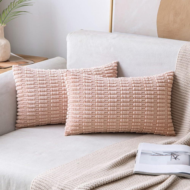 MIULEE Pack of 2 Corduroy Decorative Throw Pillow Covers 12x20 Inch Soft Boho Striped Pillow Covers Modern Farmhouse Home Decor for Spring Sofa Living Room Couch Bed Pink