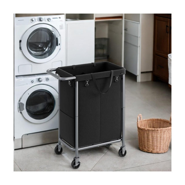 LEDREM 2-Section Rolling Laundry Basket Storage with Wheels, 37 Gallons Laundry Hamper, Removable Liner, Steel Frame, 27.2 x 15.4 x 31.9 Inches