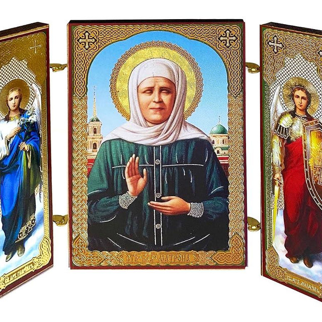 Saint St Matrona Icon Triptych With Archangels Saint Gabriel and Michael 3 3/8 Inch, Orthodox Icon Russian Saint, Religious Gift