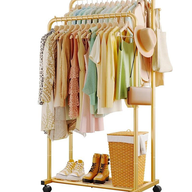 Sakugi Clothes Rack - Double Rods Clothing Rack with Mesh Shelf, Hooks & Wheels, Metal Clothing Racks for Hanging Clothes & Bags, Multifunctional Garment Rack for Laundry, Gold, 28.7" x 16.5" x 59.1"