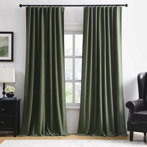 102 Inch Long Linen Blended Blackout Curtains 2 Panels, Back Tab Pleated Look Drapes for Track System with Hooks, Noise Reducing Country Blackout Winodw Curtains 50x102-Loden/Olive Green