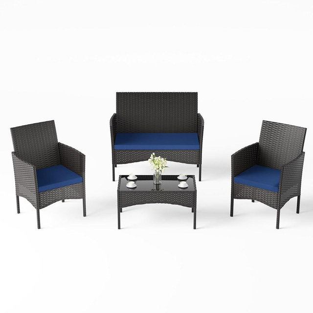 Halmuz 4 Piece Patio Furniture Set,Outdoor Furniture Set with Soft Cushion and Glass Table, All Weather Modern Rattan Chairs Conversation Set for Garden, Terrace, Porch, Lawns,Navy Blue