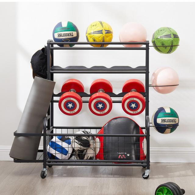 4-Tier Metal Storage Organizer with Rolling Wheels for Sports Equipment