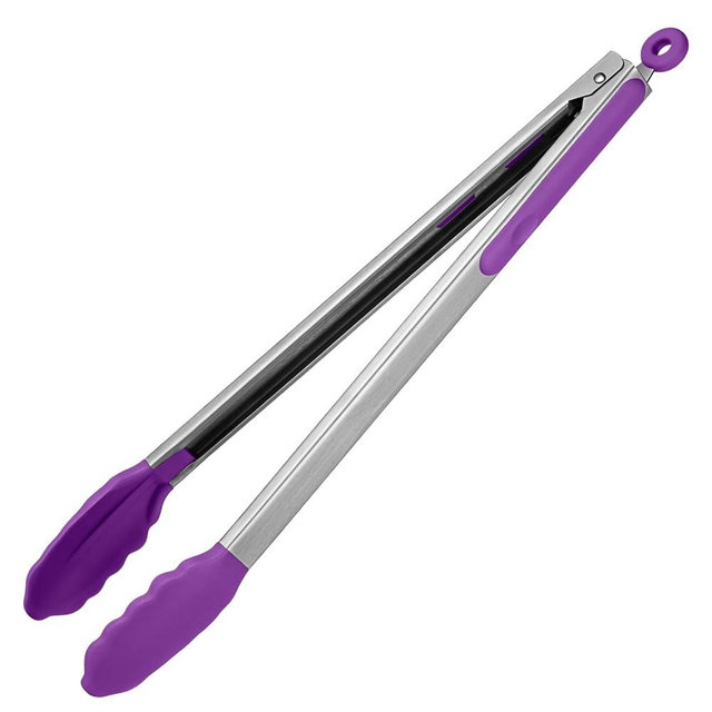 600ºF Heat Resistant Kitchen Tongs: U-Taste 16 inch Extra Long Large Silicone Cooking Tong with Sturdy Non Stick Rubber Tips & Non Slip Silicon Coated 18/8 Stainless Steel Handle for Grill BBQ(Purple)