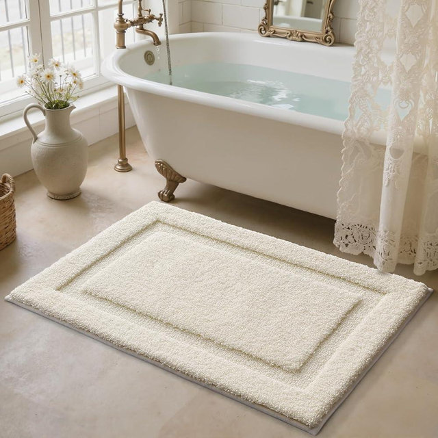 LUMI Ultra Soft Bathroom Rugs Non Slip with Rubber Backing, Absorbent Washable Bath Mat Quick Dry, Upgraded Premium Microfiber Plush Carpet for Bathtub and Shower Floor, Ivory White, 20x32