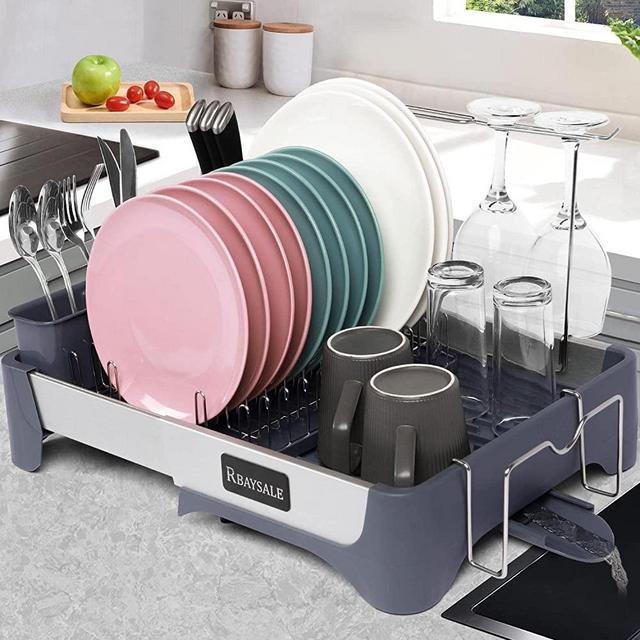 RBAYSALE Dish Drying Rack, Large Dish Rack Expandable Stainless Steel Dish Drainer with Wine Glass Holder, Utensil Holder, Cutting Board Holder Kitchen Organizer for Kitchen Counter