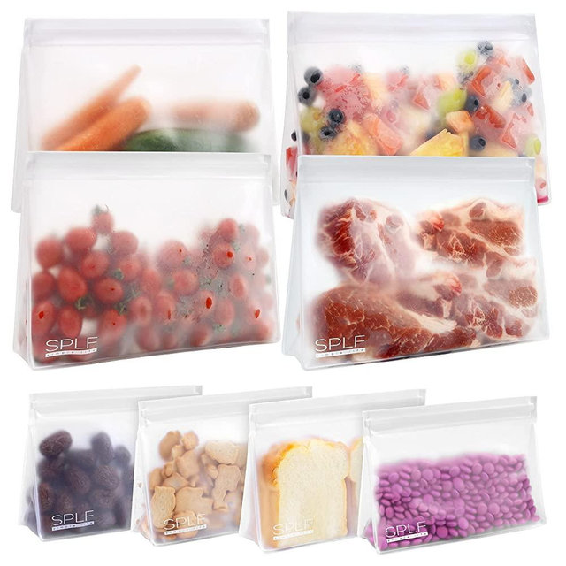 SPLF 8 Pack Dishwasher Safe Stand Up Reusable Food Storage Bags (4 Half Gallon Freezer Bags, 4 Sandwich Snack Bags), BPA Free Leakproof Silicone and Plastic Free Zipper Lunch Bags Containers