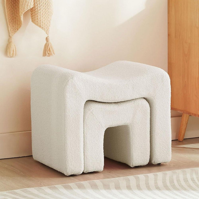 TROJM Small Footstool Ottoman Vanity Stool Chair Seating Backless Modern Foot Rest Teddy Velvet Ottoman Set for Makeup Room Living Room Bedroom Entryway,White (2-in-1)