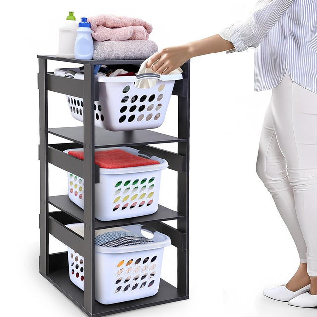 Laundry Basket Holder Shelf (3-Tier) - Stackable Engineered Wood Laundry Tower, Tiered Laundry Hamper Organizer for Bathroom, Bedroom, Laundry Room