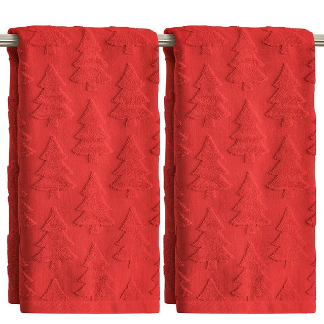Artoid Mode 2 Pcs Red 3D Xmas Tree Jacquard Christmas Hand Towels for Bathroom, 100% Cotton Soft Absorbent Bathroom Decor Towels, 13.7 x 29.5 Inch