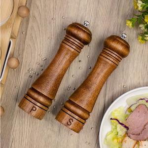 Wooden Salt and Pepper Grinder Set Refillable Salt & Pepper Mills Adjust for Coarseness, Crafted of Solid Oak Wood with Ceramic Stainless Steel Core, 8 Inches - 2 Packs
