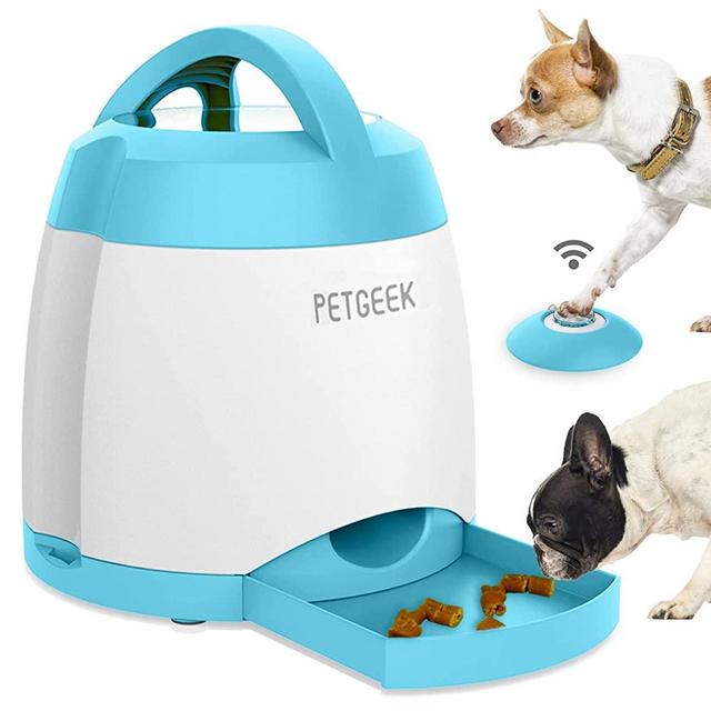 PETGEEK Treat Dispenser Dog Toys, Automatic Pet Feeder with Dual Power Supply and Remote Control, Dog Puzzle Toys and Interactive Dog Toys in One for Indoor or Outdoor Play