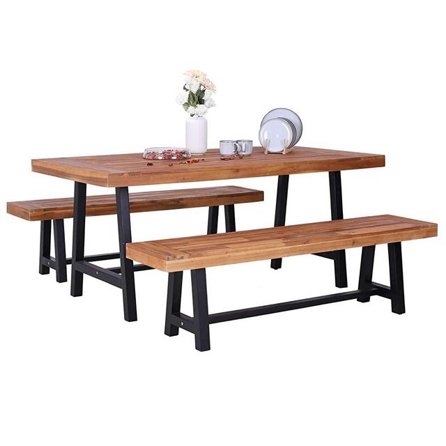 Sophia & William Outdoor 3 Pieces Acacia Wood Dining Set Furniture, Modern Patio Wooden Table and Benches Oil Finished for Porch Poolside Balcony Backyard, Teak & Black