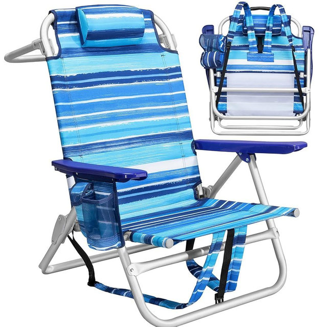 PRETZI Backpack Beach Chairs for Adults - Folding Heavy Duty Camping Chair with Storage Pouch, Cup Holder & Towel Rack, Lightweight & Adjustable Lounge Chair for Outdoor,Travel (1pack / Blue Strap)