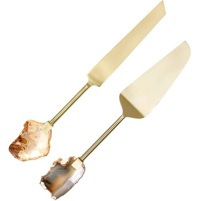 Wedding Cake Knife and Server Set – Stainless Steel Cake Cutter for Wedding Cake Stand, Pie server with Agate Crystal, Elegant Gold Finish – Ideal for Special Events, Cake Server Set by Wanda Living
