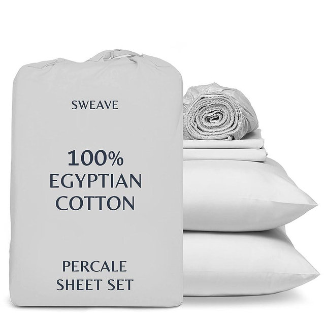 Sweave 100% Egyptian Cotton Percale Weave King Size Sheet Set - Luxurious 400 Thread Count, Breathable, Hypoallergenic, Cool, Crisp, Double Elastic - Oeko-TEX Certified - Softer After Every Wash