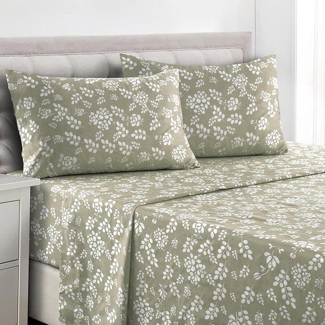 LDC Floral Full Sheet Set, 4 PC Soft Microfiber Wrinkle Free Sheets - Luxurious Printed Bed Sheets Includes Flat Sheet, Fitted Sheet with Deep Pockets, & 2 Pillowcase, Taupe