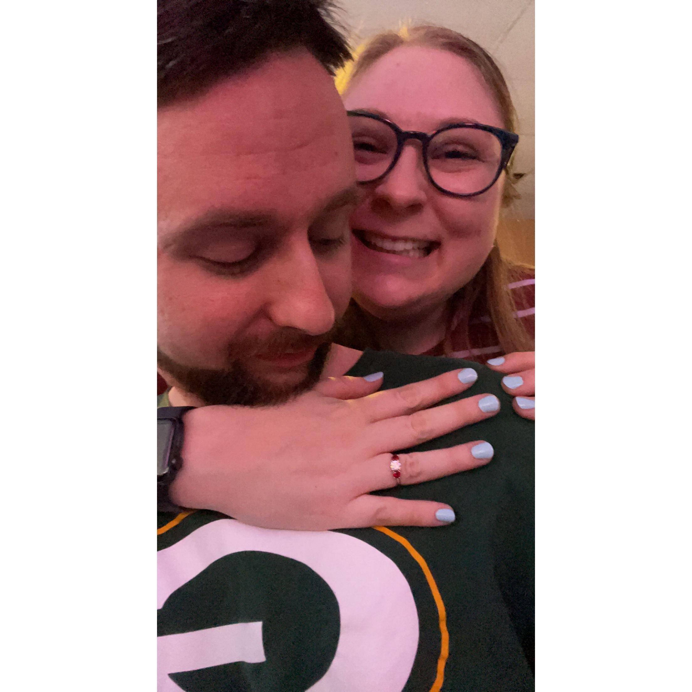 Eli proposed! We celebrated that weekend bowling with friends, and a surprise party! (Surprise for Kaley... Eli planned it all!)