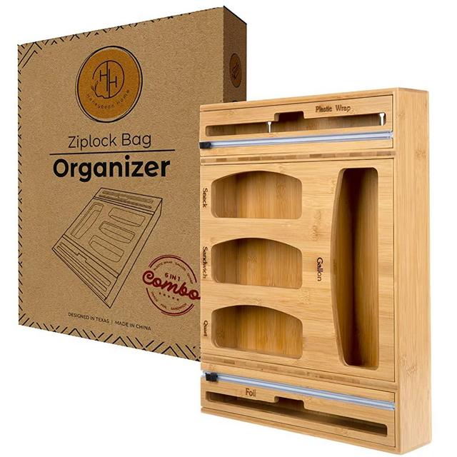 6-in-1 Bamboo Ziplock Bag Organizer for Drawer or Wall - Compatible With Gallon, Quart, Sandwich and Snack Baggies - Includes Foil and Plastic Wrap Dispenser With Cutter - Mounting Hardware Included