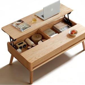 Wood Lift Top Coffee Table, 100% Solid Oak Wood Small Rising Dining Center Tables with Storage Shelf and Hidden Compartment for Living Room 48D x 26W x 26H