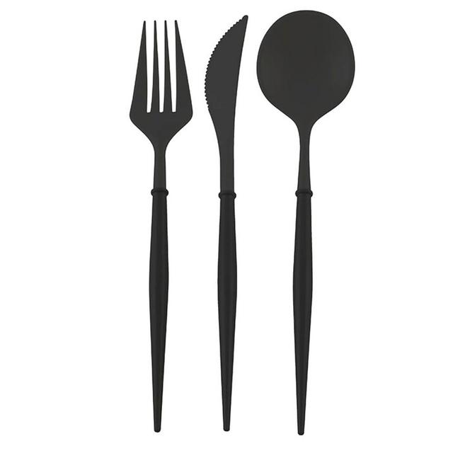 Sophistiplate Bella Flatware Cutlery Set for 12 | Fork, Spoons & Knives Silverware Utensil Set | Reusable Dinnerware Sets Plastic Top Rack Dishwasher Safe | Black Flatware with Black Handles 36 Count