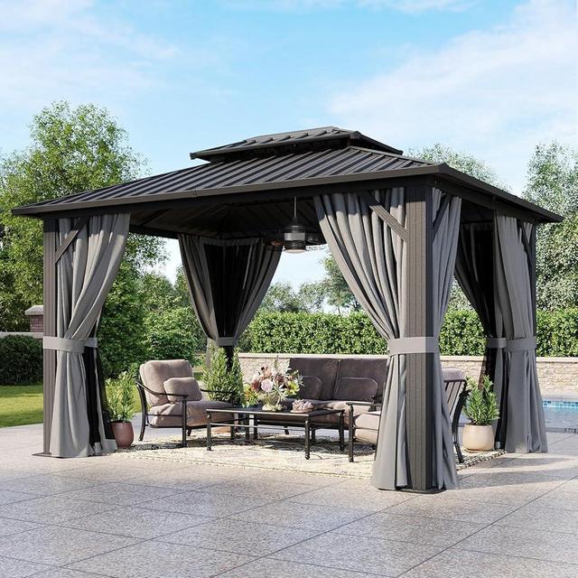 Aoxun 10'x12' Hardtop Gazebo, Aluminum Frame Canopy with Double Galvanized Steel Roof, Outdoor Metal Pavilion with Netting Curtains and 20 inch Ceiling Fans with Lights for Backyard, Patio and Deck