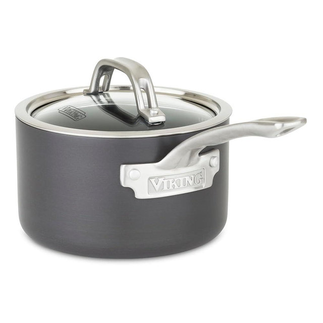 Viking Culinary Hard Anodized Nonstick 3-Ply Saucepan, 2 Quart, Includes Glass Lid, Interior Measurment Markings and Stay-Cool Handle, Dishwasher, Oven Safe