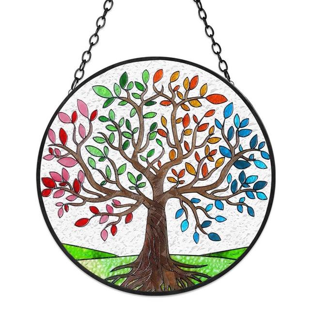 Tuitessine Tree of Life Stained Glass Suncatcher Four Season Theme Colorful Leaves Window Wall Hanging Ornament Hand-Painted Glass Panel Decor Gift for Women Christmas Thanksgiving Gift 6.3 * 6.3”