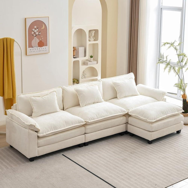 Oprisen 120" Modular Sectional Sofa, Comfy Cloud Couch Sectional Sofa with Ottoman, Chenille Sofa Sleeper Deep Seat Sofa with Throw Pillows for Living Room (Beige White, 120"- L Shape)