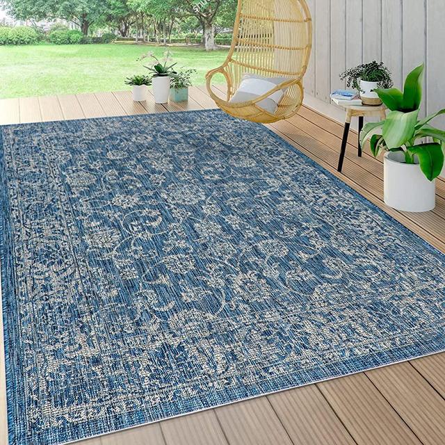 JONATHAN Y SMB100B-5 Tela Bohemian Textured Weave Floral Indoor Outdoor Area-Rug Coastal Bohemian Vintage Rustic Glam Easy-Cleaning Bedroom Kitchen Backyard Patio Non Shedding, 5 X 8, Navy/Gray