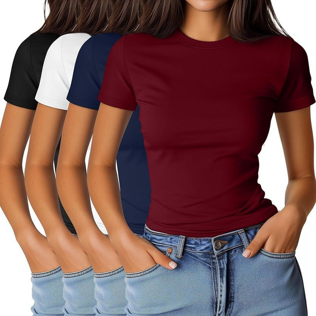 Ficerd 4 Pack Women's Basic Short Sleeve Shirts Slim Fitted Crew Neck Tees Casual Cotton Blend Summer Tops