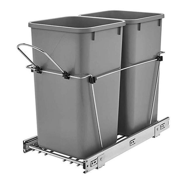 Rev-A-Shelf RV-15KD-17C S Double 27-Quart Chrome Wire Bottom Mount Pullout Kitchen Waste Trash Can Container Bin with Full-Extension Slides, Silver