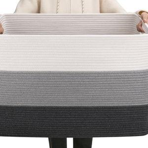 OIAHOMY 108L Super Large Blanket Basket, 25”x16”x16” Rectangle Woven Baskets for Storage, Cotton Rope Basket For Living Room, Toy Storage with Handle- Gradient Dark Grey